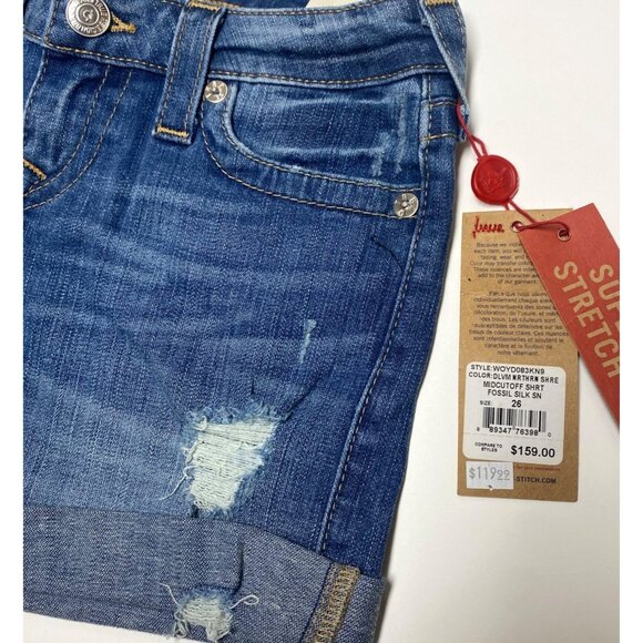 size 26 NEW True Religion‎ mid rise cut off denim shorts $159 super stretch NWT - Picture 2 of 8